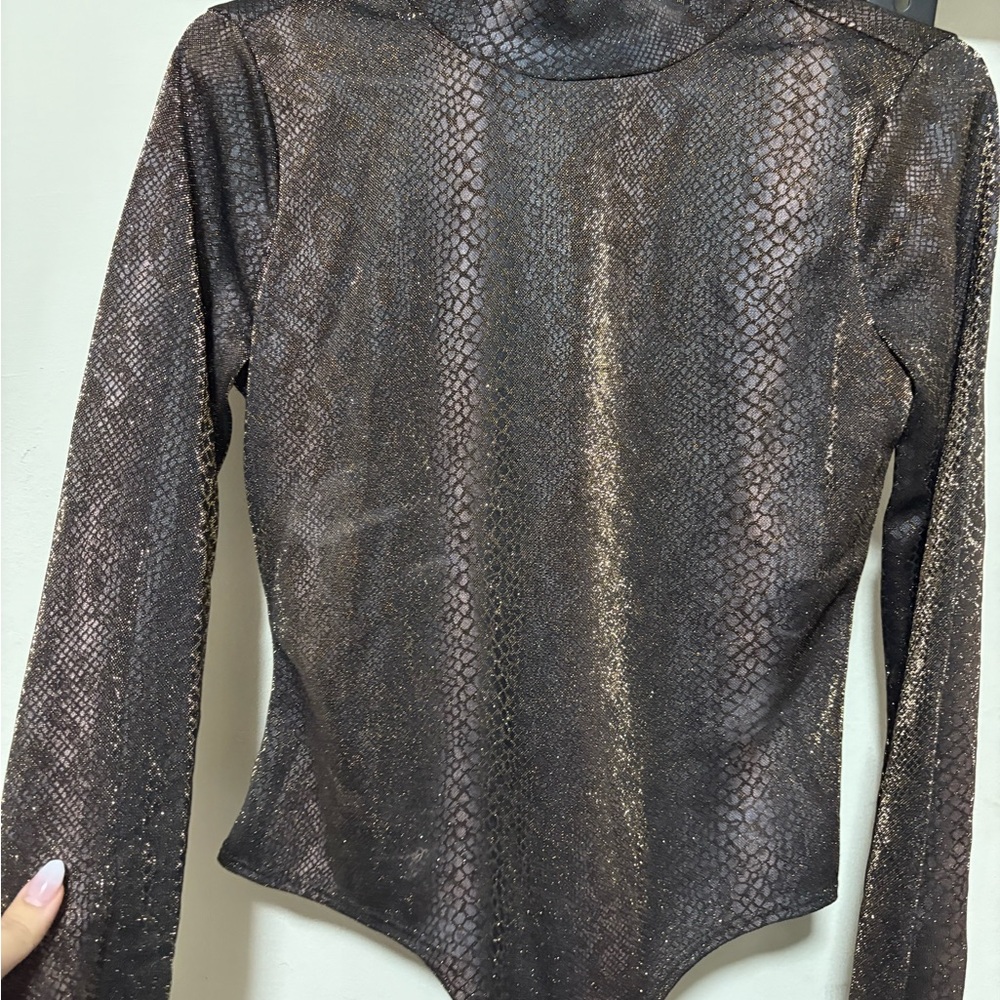 Fashion Nova Metallic Bronze Snake-Print Bodysuit